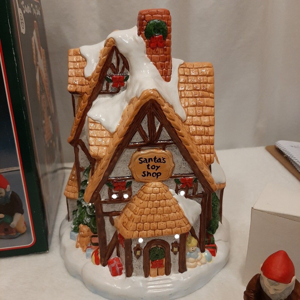 Vintage Christmas Santa's Toy Shop Lighted With 2 Figurine Helpers Brinns 1988